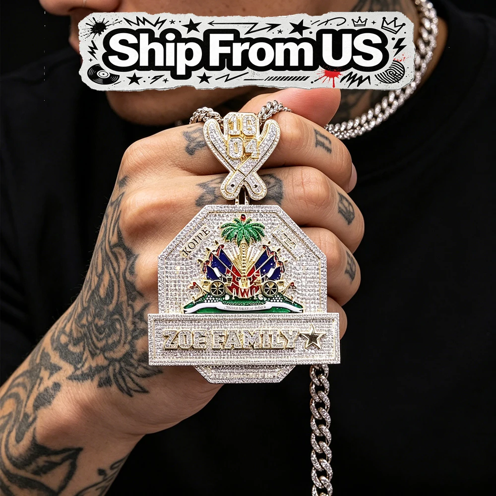 Hip Hop Bling Enamel Haitian National Emblem Charm Cross Sword Palm Tree Iced Out Pendant Necklace Fine Jewelry Gifts Collection Display Necklace Accessories for Men Boy Friends Rapper Street Culture Party Daily Gift Necklace Accessory