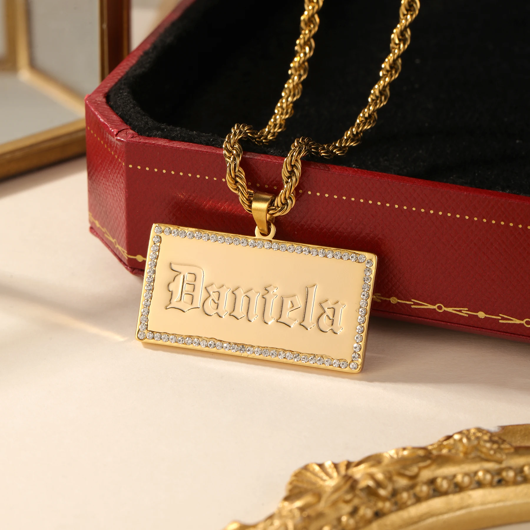 Custom Vintage English Name Necklace Square Frame with Rhinestones Stainless Steel 18K Gold Plated Personalized Jewelry Gift