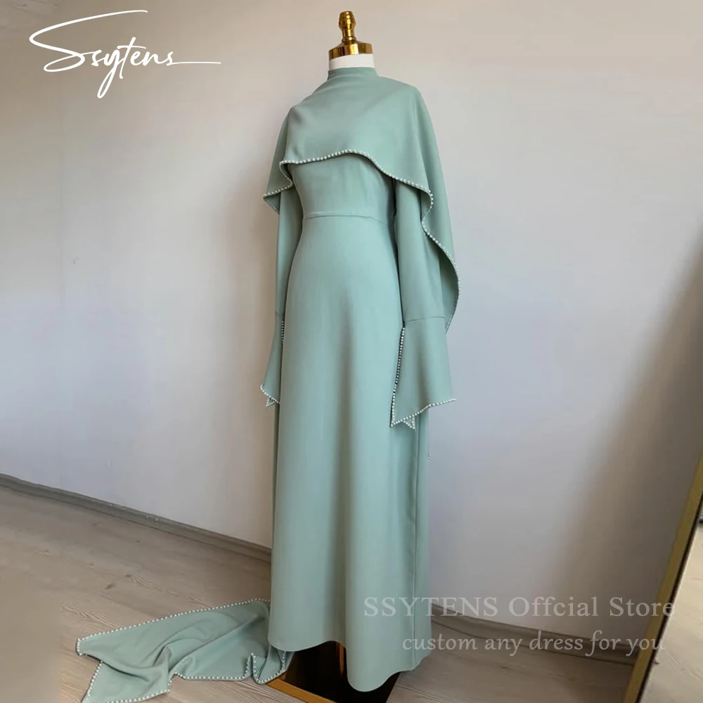 

SSYTENS Customized Modest Evening Dresses Long Mint Green Women Event Evening Gown With Shawl Pearls Elegant Wedding Party Dress