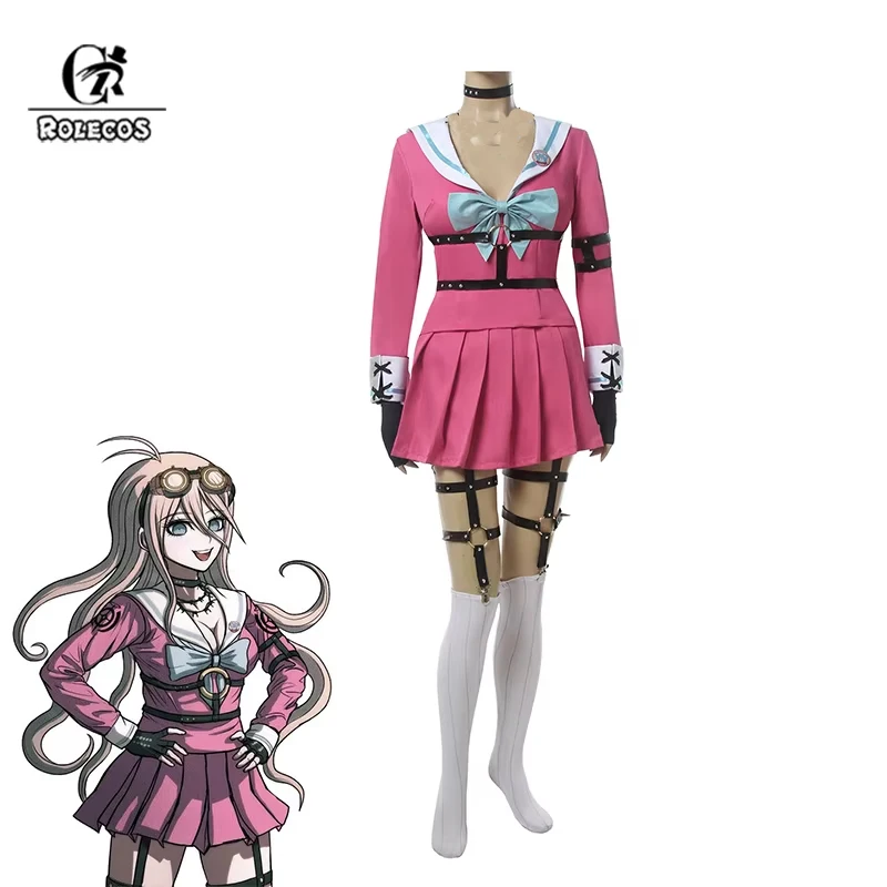 ROLECOS Game Danganronpa Miu Iruma Cosplay Costume Women Pink School Uniform Halloween Top Skirt Bow Full Set