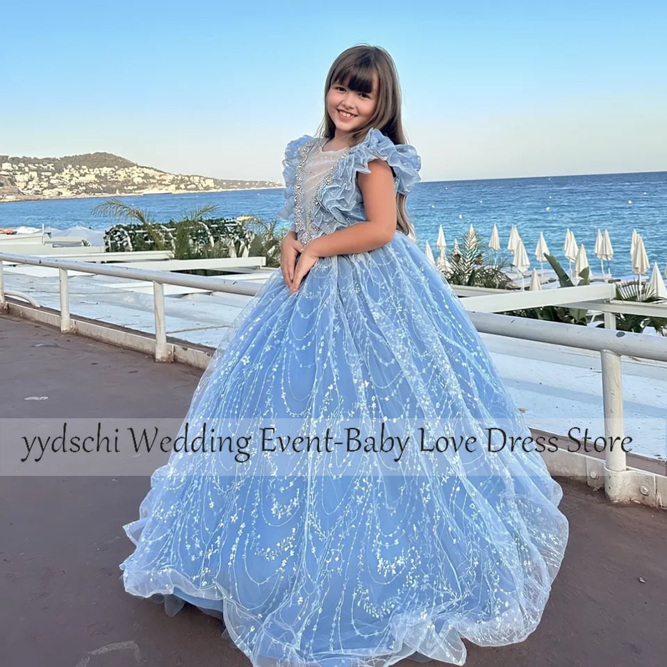 

Customized Flower Girl Dress 2025 Sky Blue Girls First Communion Formal Princess Gown For Wedding Party Junior Bridesmaid Dress