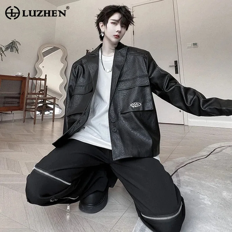 

LUZHEN Fashion Street Faux Pu Leather Short Jackets Men's Trendy Outerwear Handsome Motocross Suit Niche Design Elegance LZ6206