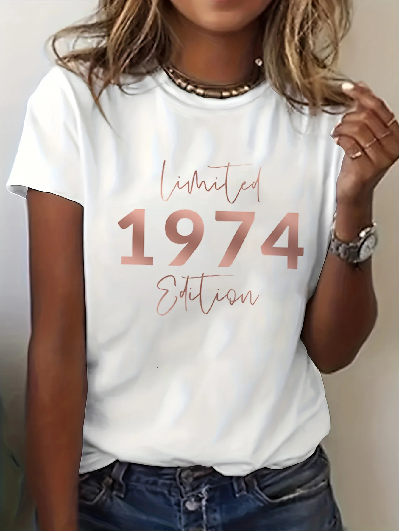 50th birthday 1974 letter print t-shirt, short sleeve crew neck casual top for summer & spring, women's clothing