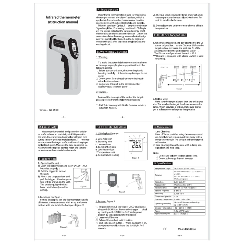 Industrial Temperature-Gun Non-Contact Digital Infrared IR Thermometer -58℉~752℉(-50℃~400℃)Handheld Industrial Infrared Pyromete