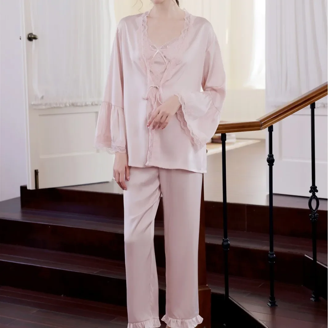 

French Style Women 3PCS Pajama Set Loungewear Pink Silky Satin Cardigan Trouser Suits Pyjama Pour Femme Loose Pijamas Home Wear
