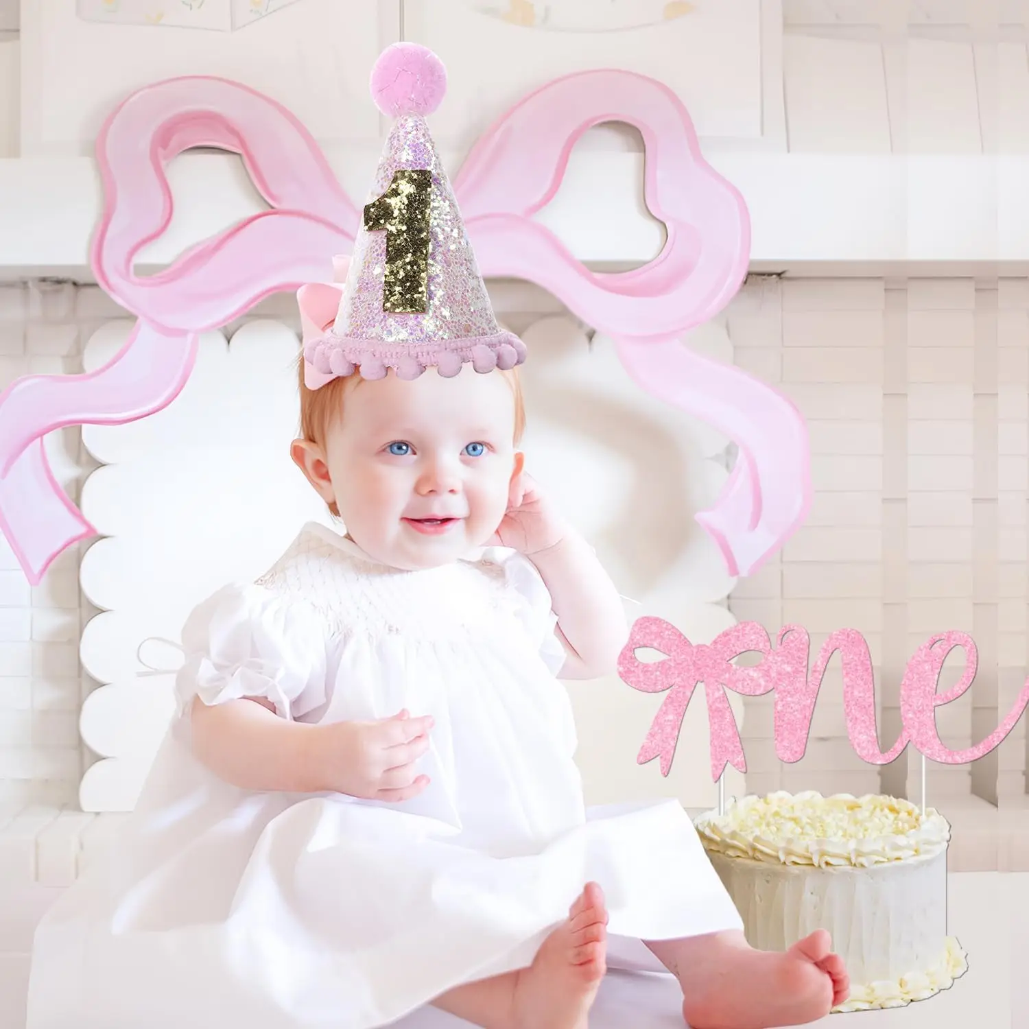 Kreat4joy Pink Bow Themed 1st Birthday Highchair Banner Pink and White Bow Cake Topper Girl 1st Birthday Supplies