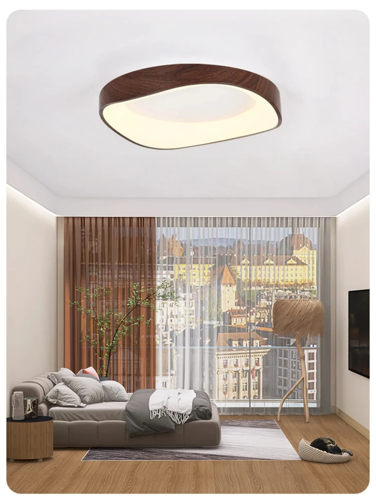 Nordic Wood Ceiling Light Round Log Walnut Remote Home Fixture LED For Study Living Room Hallway Bedroom Decoration Illumination