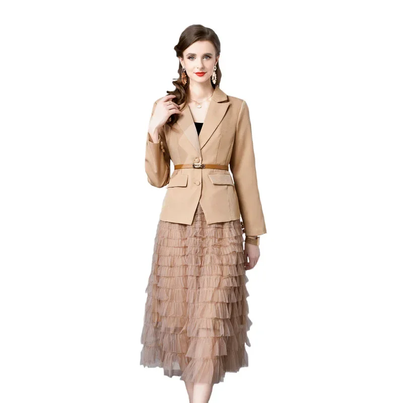 

Pop 2024 Fashion Designer Suit Set Women's Notched Khaki Blazer Belt Jacket Coat + Midi Tulle Mesh Cake Skirt Two Piece Outfits
