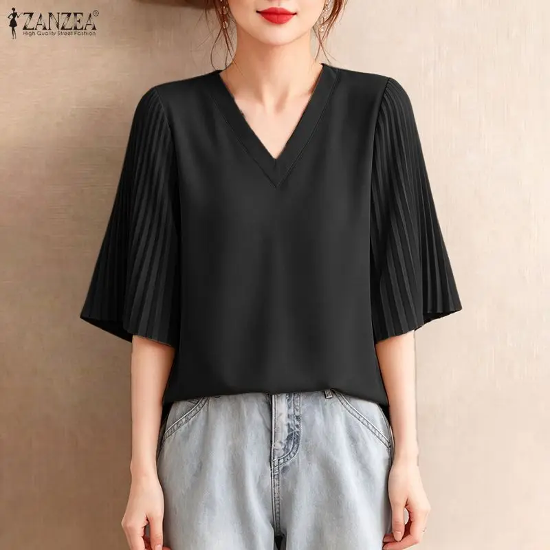 

2026 ZANZEA Women Summer Blouse Elegant V Neck Short Sleeve Shirt Casual Solid Loose Tops Female OL Work Pleated Blusas Tunic