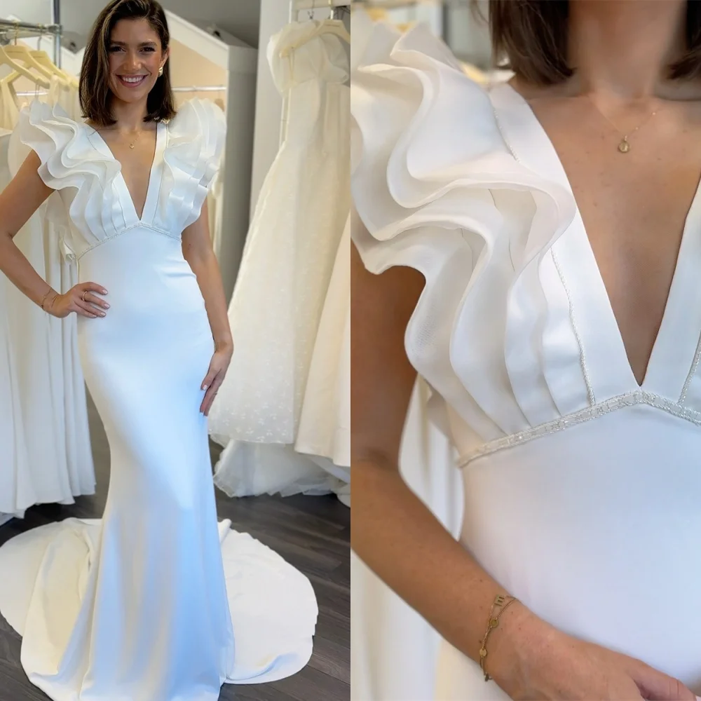 

Customized Exquisite White Jersey Bridal Gowns Simple Court Train Mermaid 2025 Wedding Dresses Sparkly Crystal Robe de mariée