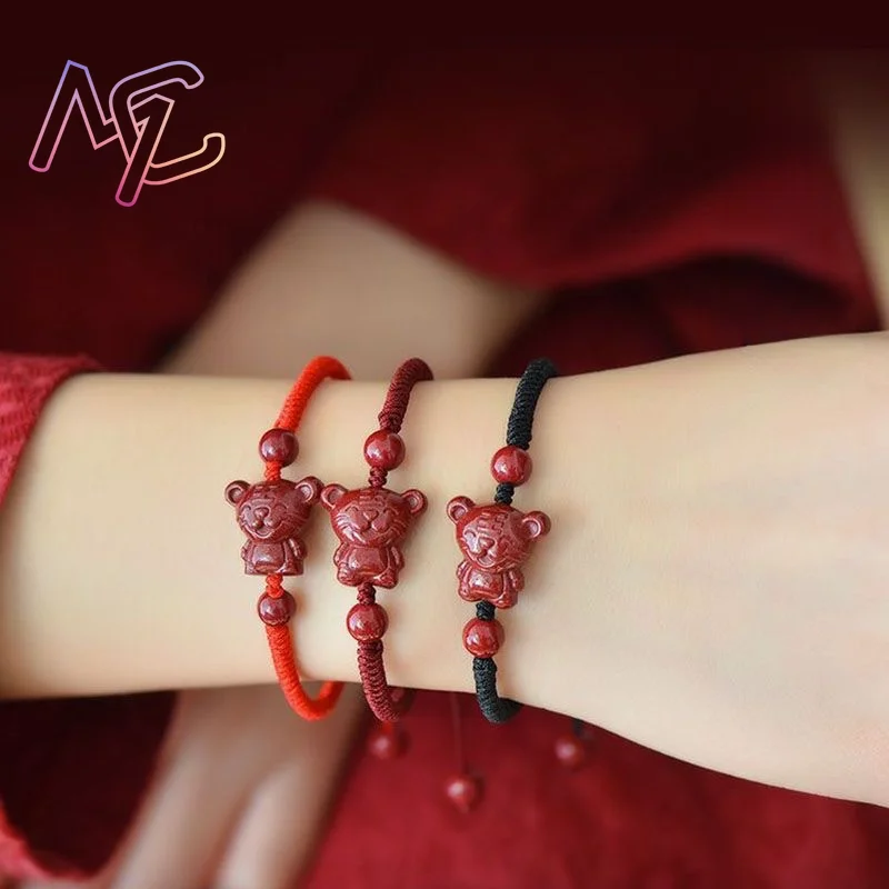 Luxury Red Cinnabar Chinese Zodiac Bracelet Gemstone Bangle Real Natural Jewelry Women Accessories Energy Healing Gifts Trendy