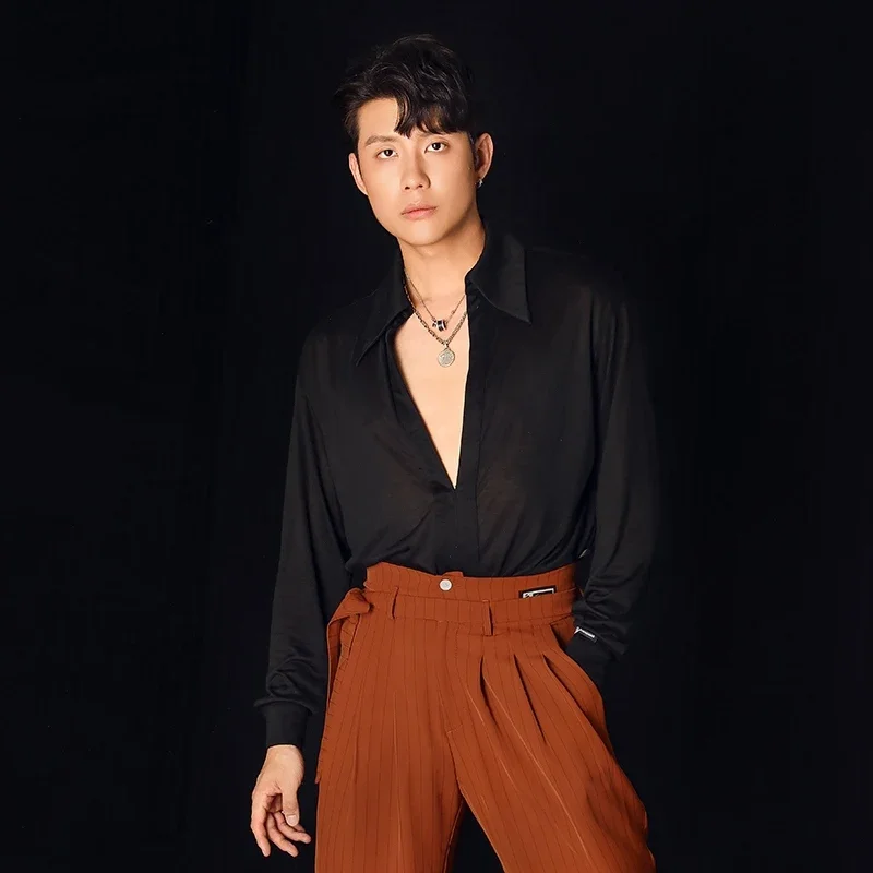 

New Latin Dance Shirts For Men Black Long Sleeved Tops Chacha Rumba Tango Adult Male Latin Performance Stage Wear DQS18103