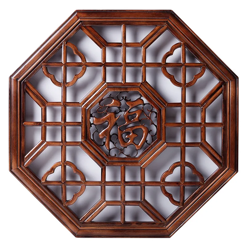 

Wood carving pendant, octagonal Yuanfu flower window, Chinese grid, wood tenon and mortise hollow background