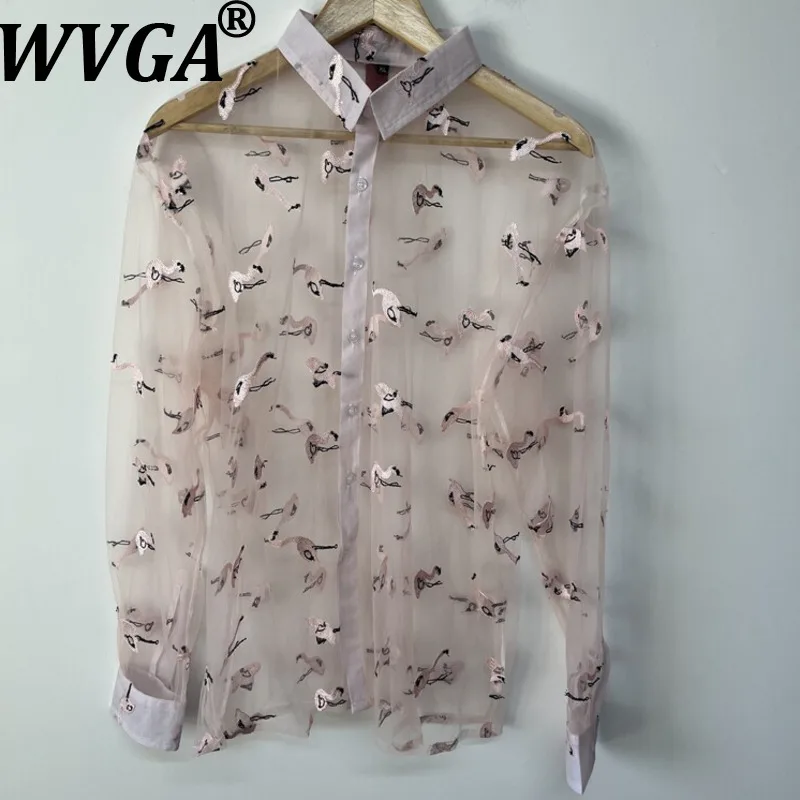 

WVGA Spring Summer New Man Embroidered Sheer Mesh Trendy Long Sleeve Shirts Niche Chic Casual Loose Unique Versatile Tops W21961