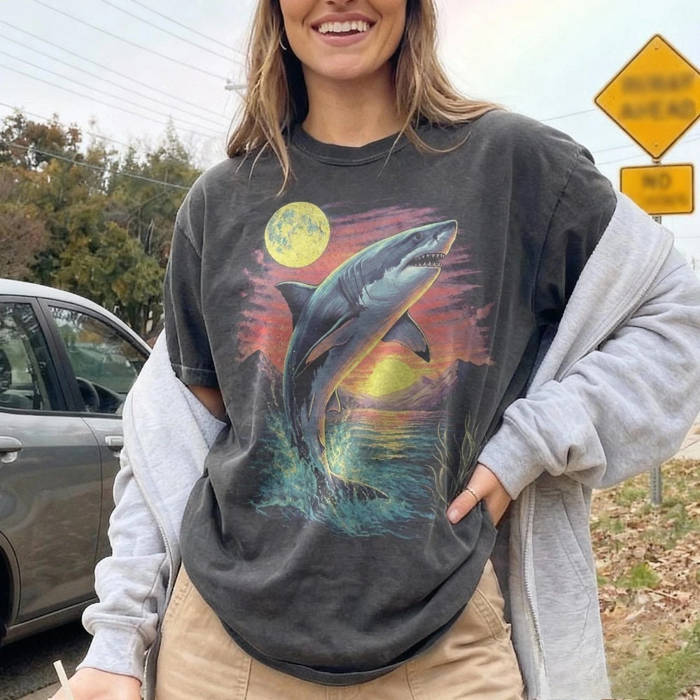 Vintage Great White Shark Sunset Graphic Tee Ocean Predator Retro Illustration Clothes Coastal Sea Life Aesthetic Tops