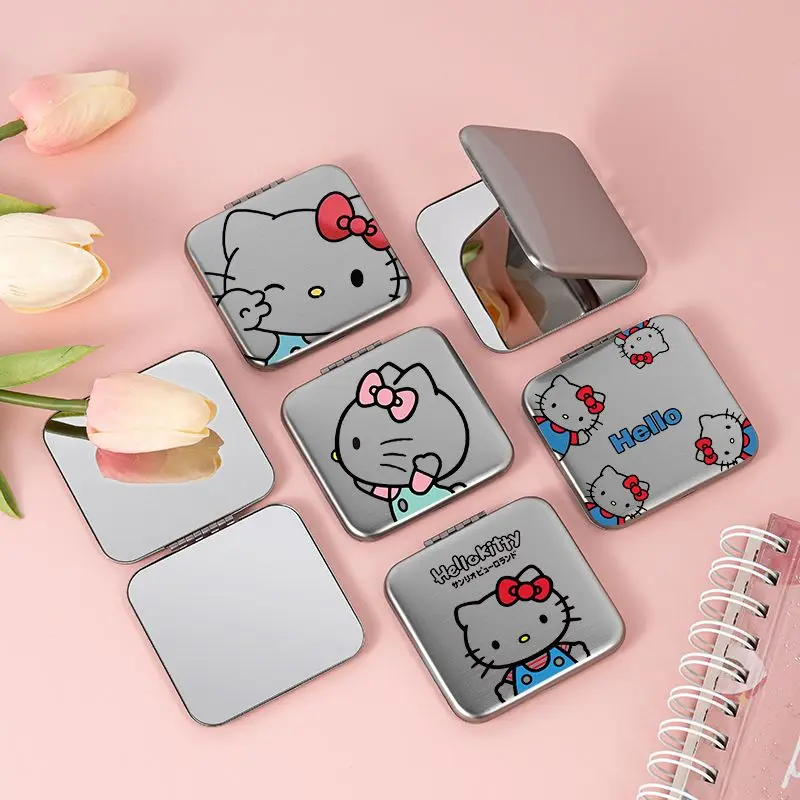 

Kawaii Sanrio Anime Cosmetic Mirror Cute Hello Kitty Cartoon Fall Prevention Double Sided Portable Folding Metal Mirror Gifts