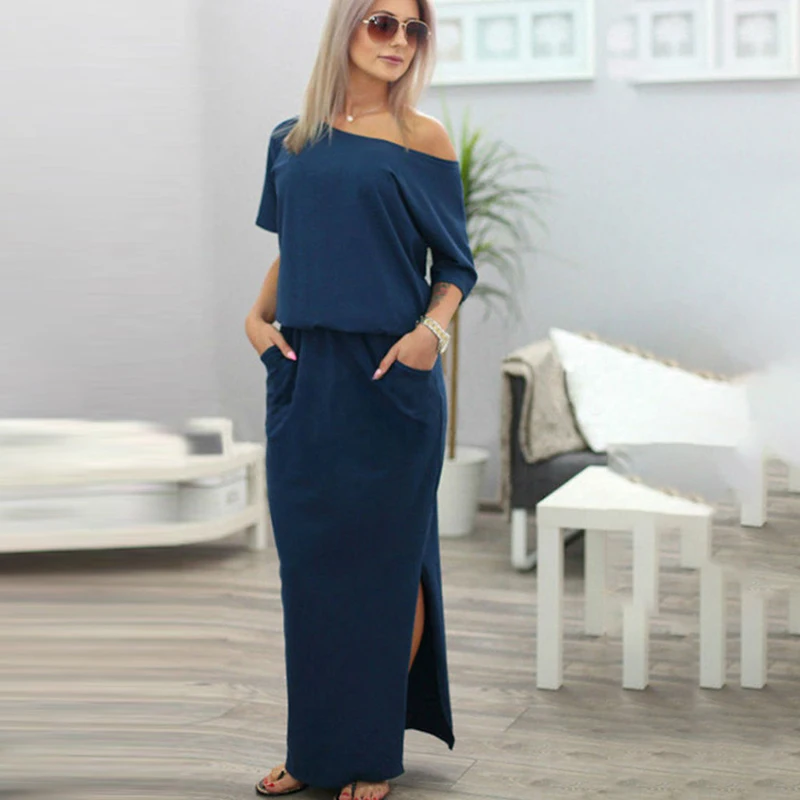 APIPEE Hot Women Boho Maxi Dress Sexy Summer Short Sleeve Side Slit Loose Evening Party Long Beach Dress With Pocket Vestidos