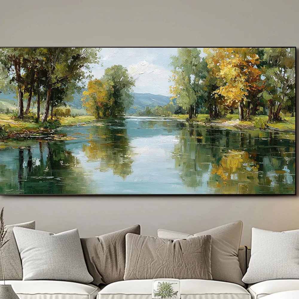 River landscape painting, trees reflection water nature scenery canvas 2D wall art Posters for living room decor, no frame