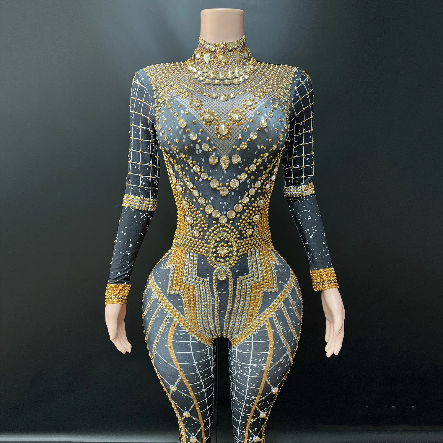 2025 Sexy Collo Alto Strass Tuta Costumi di Squadra di Ballo Discoteca Bar Dj Tuta Femminile Gogo Ballerini Abiti di Scena DN21580