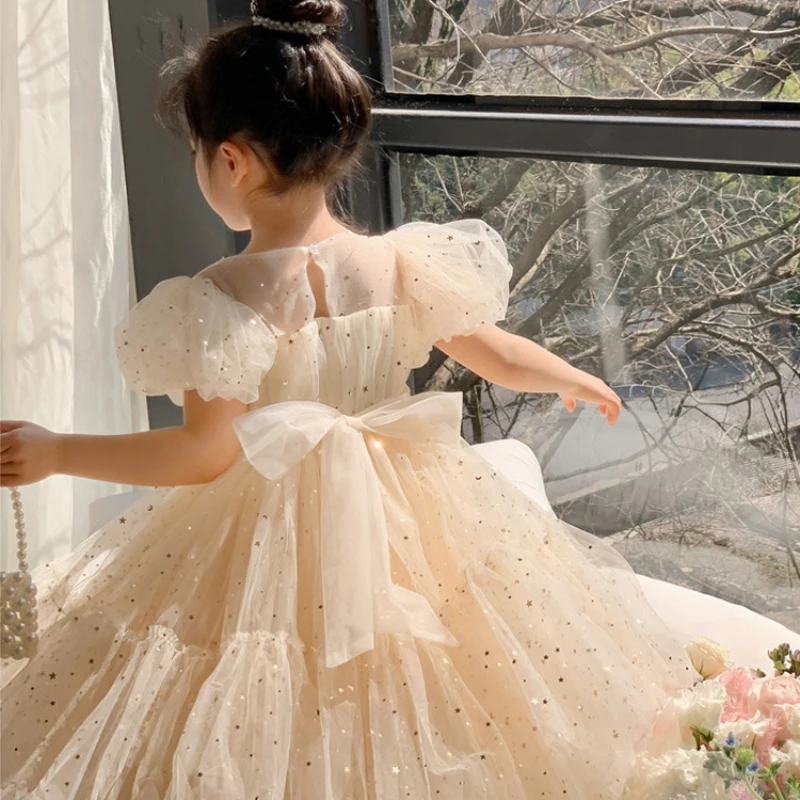 Summer Baby Girl Dress Tulle Todller Princess Vestidos Sequins Kids Gown Puff Sleeve Baby Baptism Children Tutu Clothes 1-6years