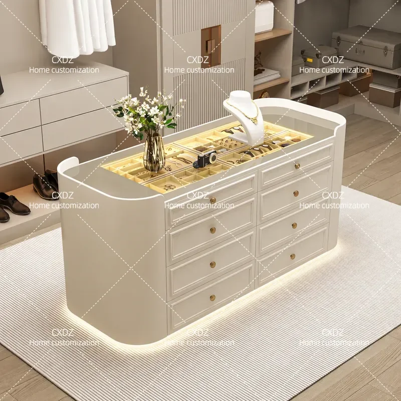 French Retro Solid Wood Jewelry Display Cabinet with Drawer European Style Premium Storage Unit for Home Cloakroom