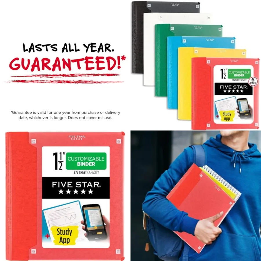 

3-Rg Bder + Study App, 6 Pack, -/2 Binder with D Rings and Customizable Clear View Cover, Sheet Capacity, Colors