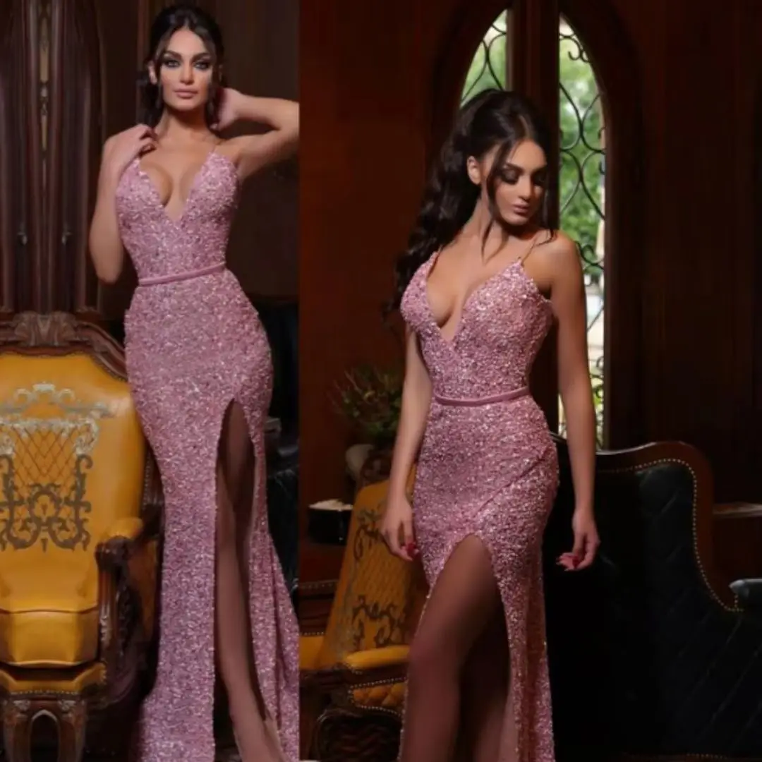 Maßgeschneiderte luxuriöse Abendkleider mit Pailletten und V-Ausschnitt für besondere Anlässe, formelles Kleid, elegante Partykleider für Damen für Dubai