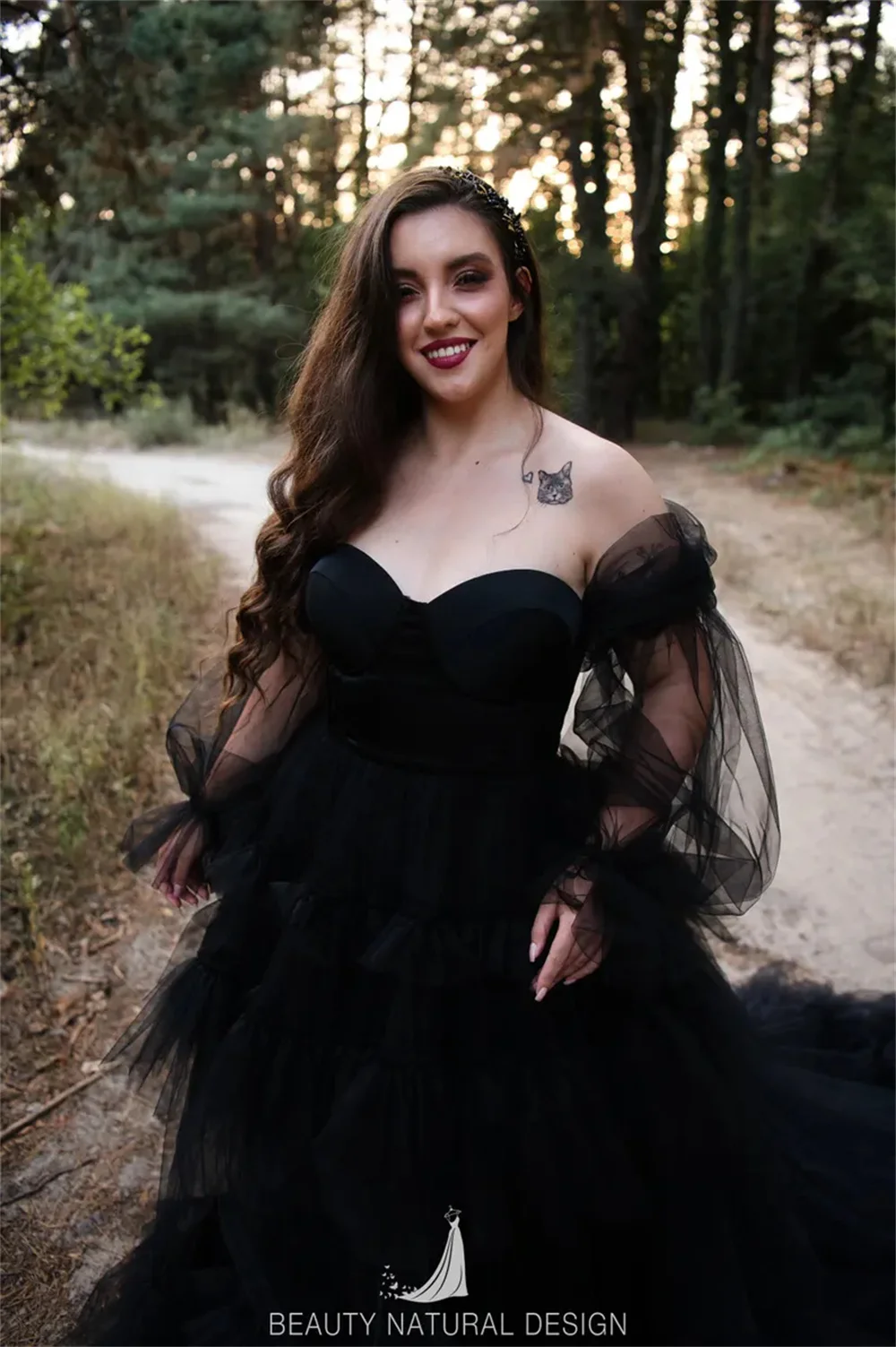 Amanda Gothic Black Puffy Sleeve Vestido De Novia Sweep Train Tulle Prom Dress 2024 Black Wedding Dress