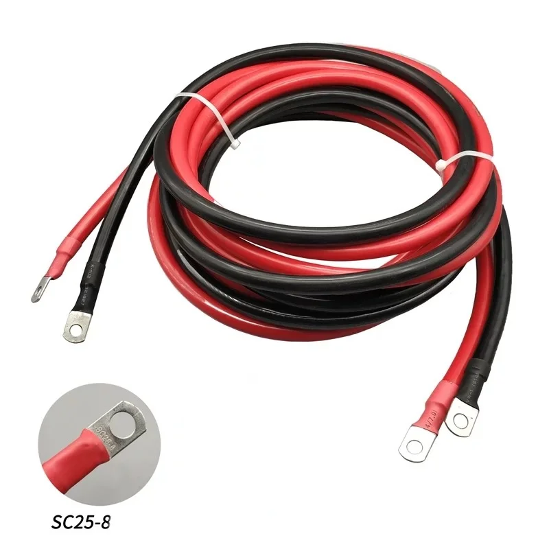 Battery Inverter Connection Cable Set with M8 SC Terminals 8/6/4/2 AWG 10/16/25/35mm2 UPS Wire Red Copper Core Tin-plated Lug