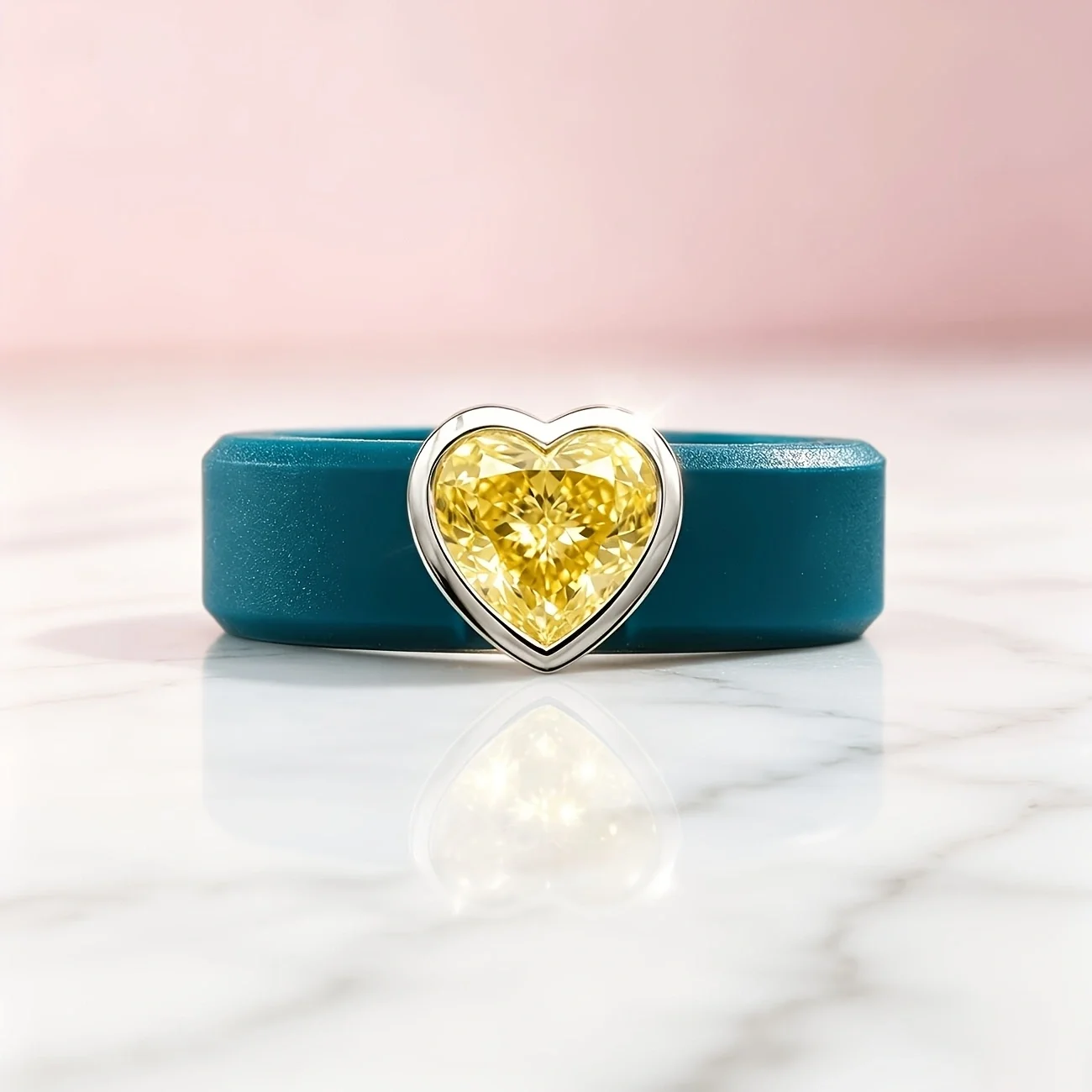 1pc 14K Golden Plated Blue Silicone Ring with Heart-cut Yellow CZ ,Hypoallergenic Comfort Band, Ideal Wedding & Valentine's Gift