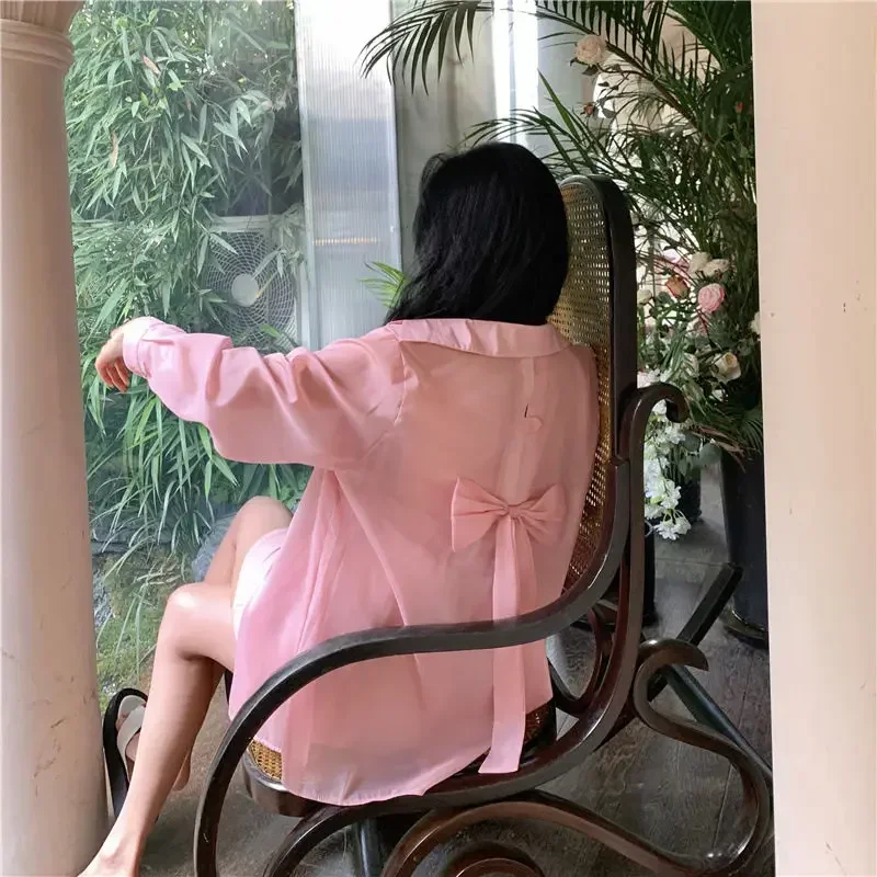 Chiffon Thin Bow Patchwork Loose Blouse Summer New Long Sleeve Solid Simplicity Korean Shirt Tops Fashion Casual Women Clothing