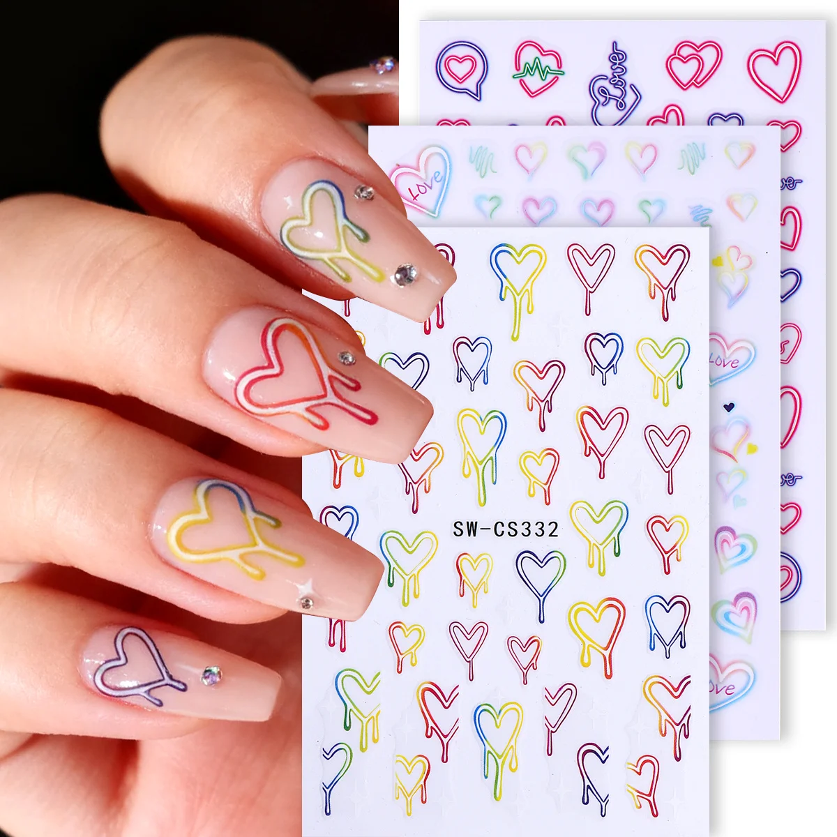 3 قطعة ملصقات أظافر على شكل قلب نيون ملونة جرافيتي قوس قزح تصميم خط تجريدي Y2K نمط عيد الحب لامع ملصق مانيكير إكسسوار #1