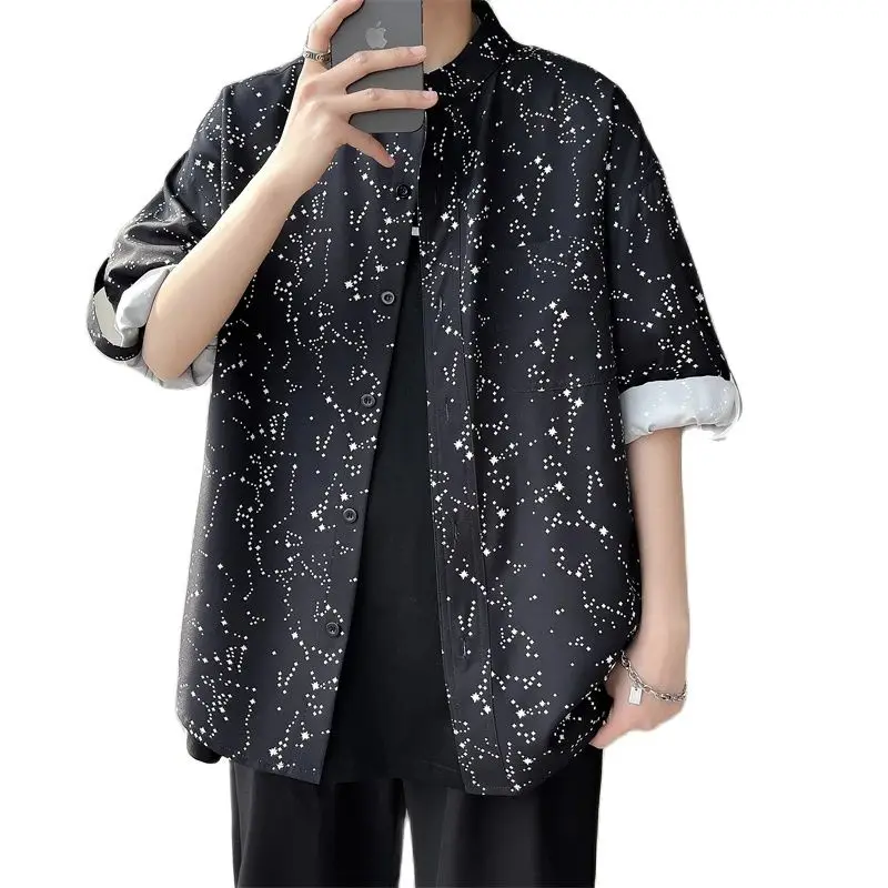 2024 Summer Men Shirts Adjustable Sleeve Length Starry Sky Striped Tops Clothing Single Pocket Loose Oversized shirts for men