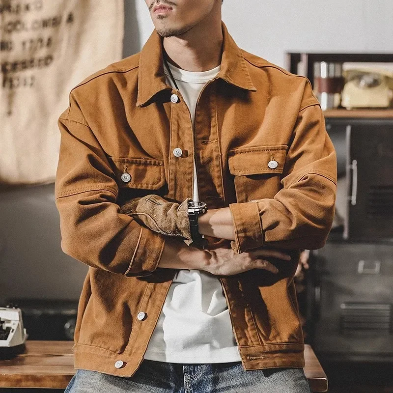 

American heavy retro denim jacket men's loose trendy brand autumn new trend versatile handsome tooling jacket men