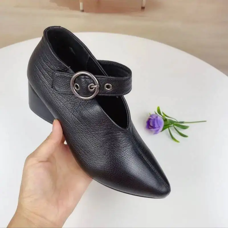 2024 Spring New Retro Fashion Pointed Women\'s Shoes Belt Buckle Solid Color Thick Heel Women\'s Fashion Single Shoes