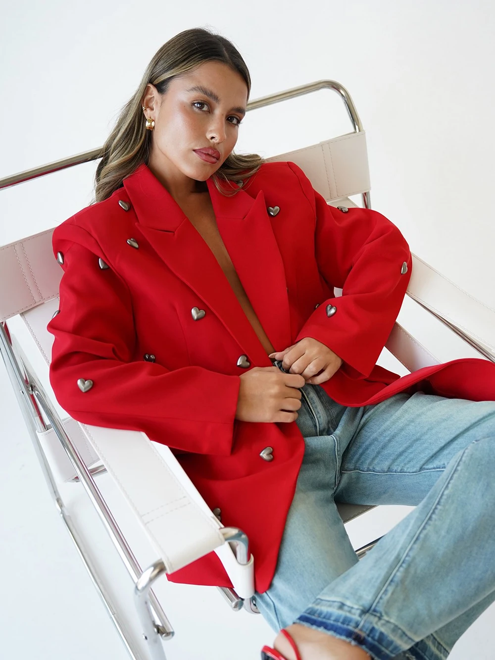 أحدث الخريف سترة نسائية 2025 موضة جديدة القلب الديكور فضفاض مزاجه معطف زر واحد السترة دعوى سترة FemaleПিজাক #3