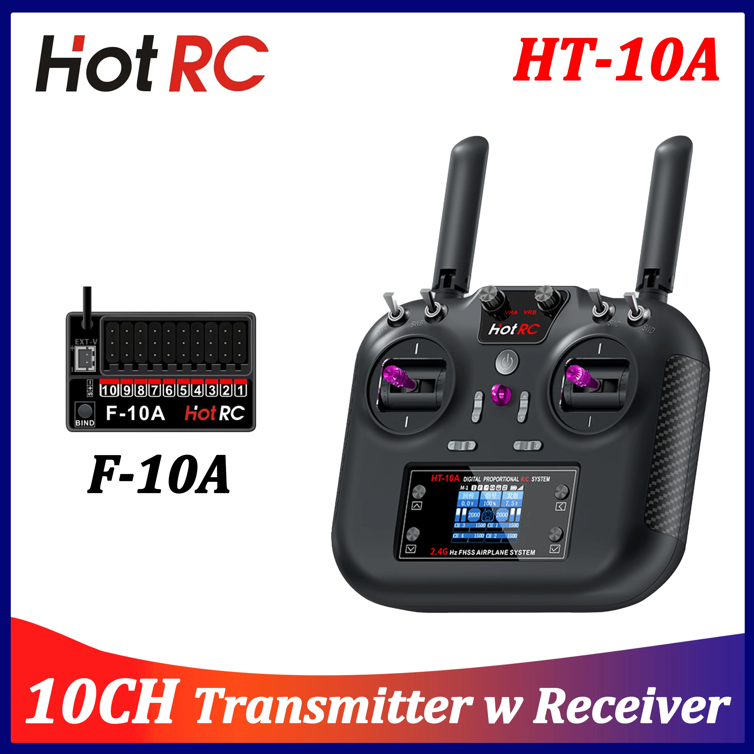 HOTRC HT-10A 2.4G 10CH Transmitter Left/Right Hand Throttle Remote Control F-10A Receiver for RC Plane Aircraft Drone Car Boat