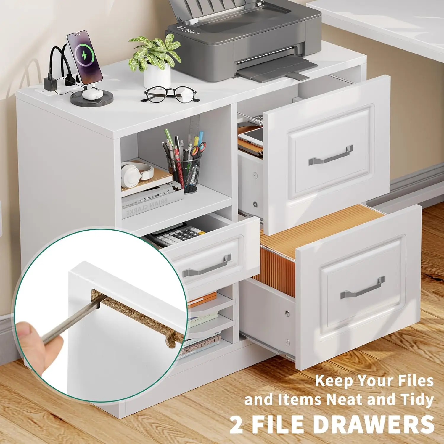 3 Drawer File Cabinet, Filing Cabinet with Charging Station, Printer Stand with Open Storage Shelves, Fits for A4, Letter