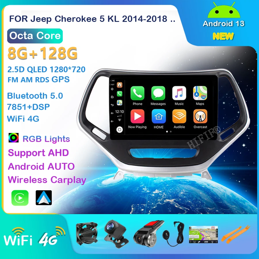 4G WIFI Car Radio For Jeep Cherokee 5 KL 2014-2018 Multimedia Video Player Android 13 Support BT DSP Rear View Camera No DVD