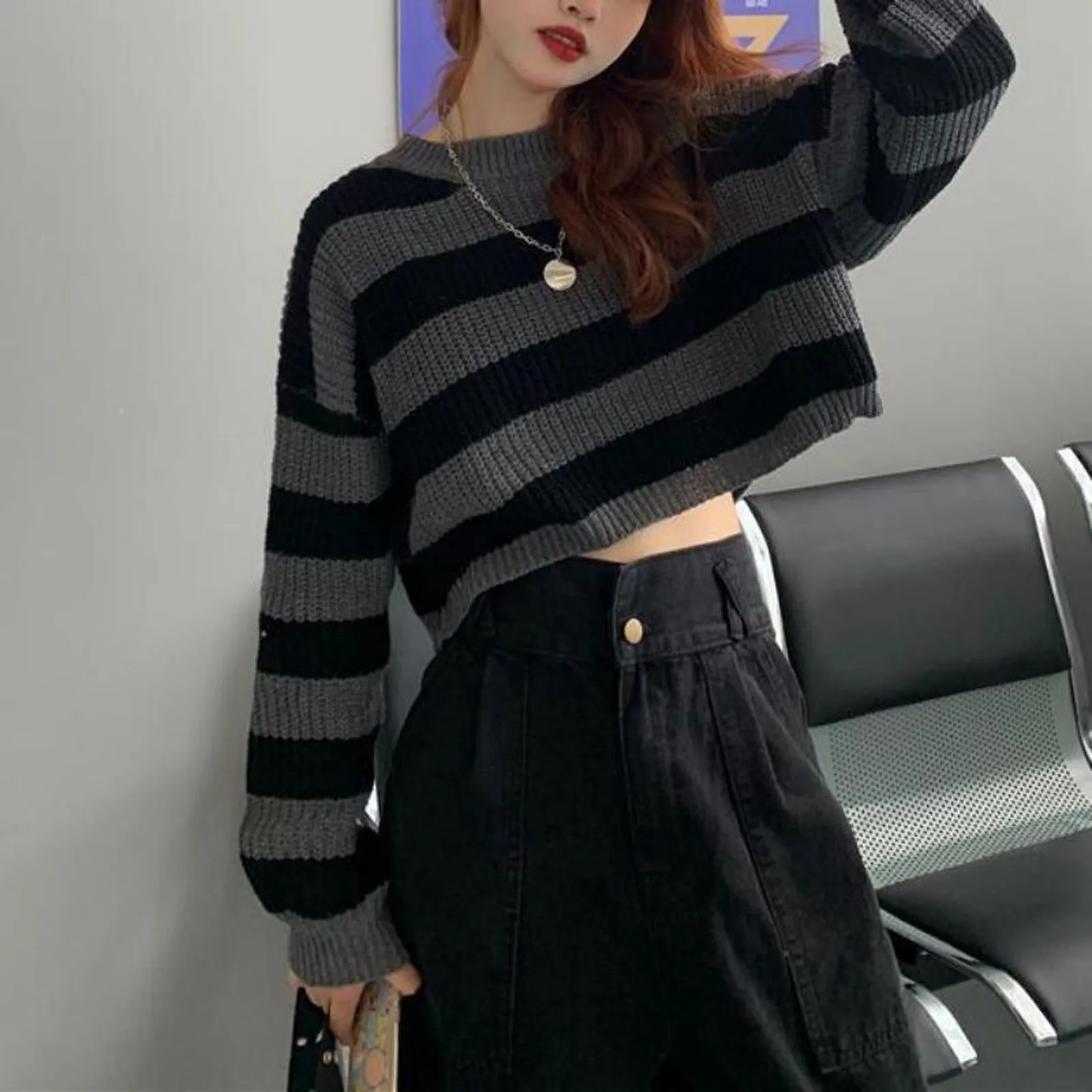 Women'S Clothing Stripe Knitting Sweater Round Neck Long Sleeves Pullovers Vintage Casual Fashion Baggy Crop Sweater Tops