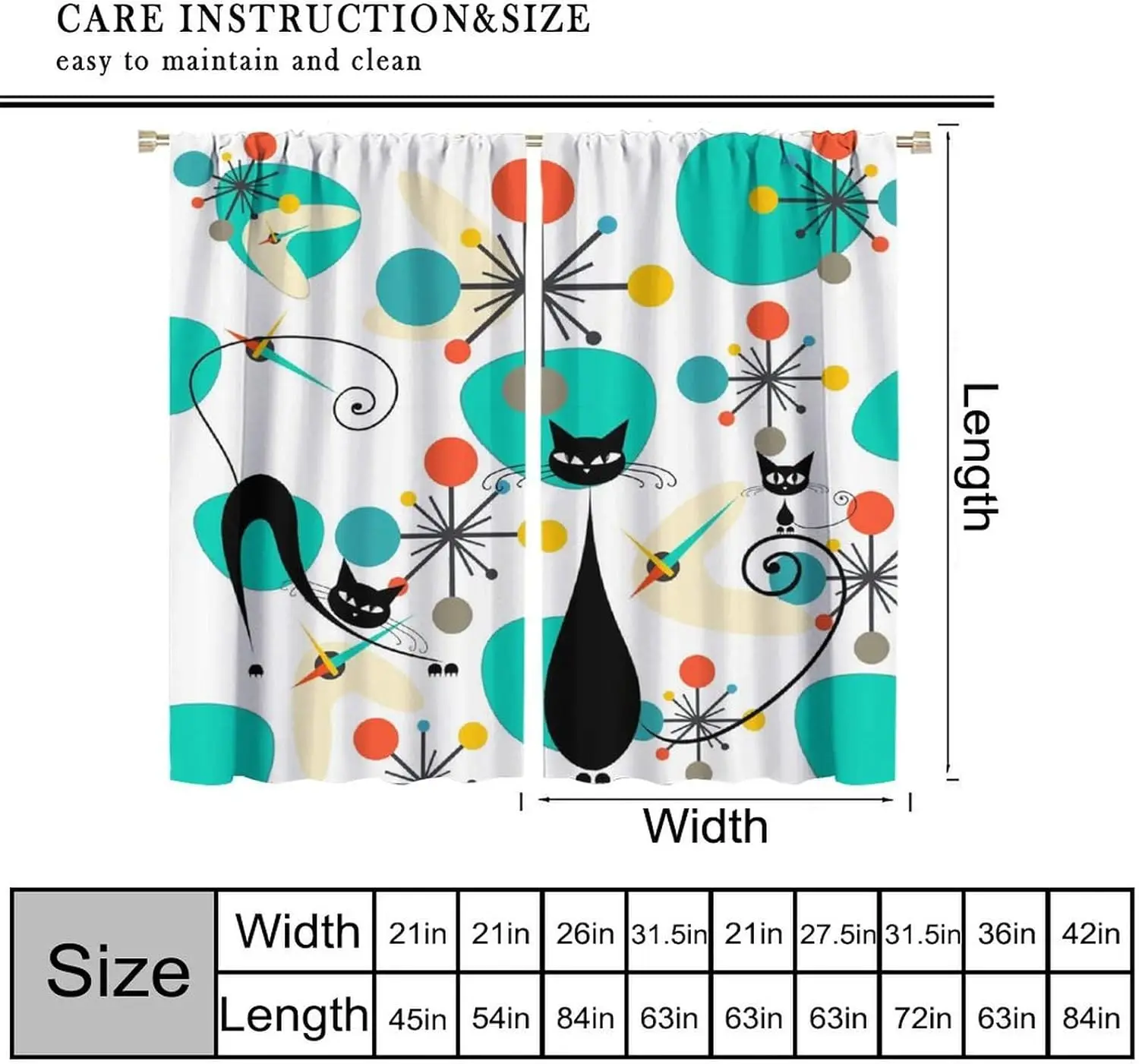Mid Century Blackout Curtains Atomic Abstract Black Cat Thermal Insulated Rod Pocket 2 Panel Drapes for Bedroom Living Room