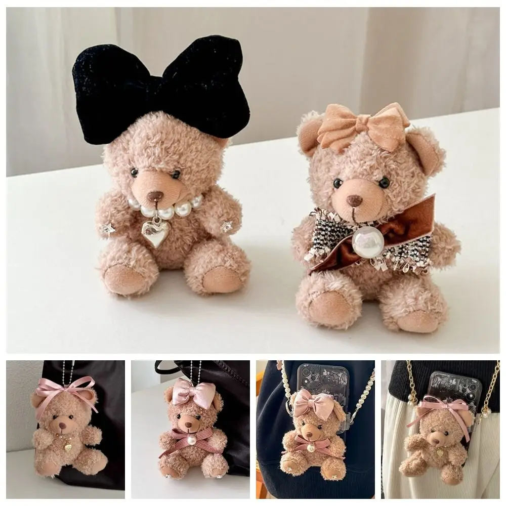 Cute Brown Plush Bear Keychain Handmade Sweet Bow Bear Phone Back Clip Creative Kawaii Fluff Stuffed Animal Key Rings Keyring