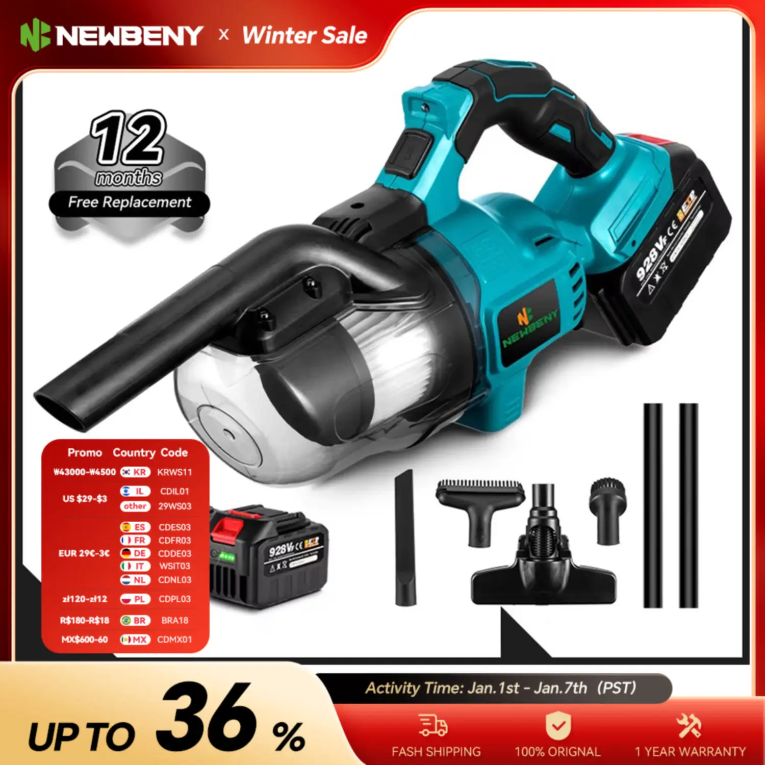 NEWBENY-Aspirateur électrique sans fil, portable, efficace, ménage, construction industrielle, outils de nettoyage pour Makita, batterie 18V