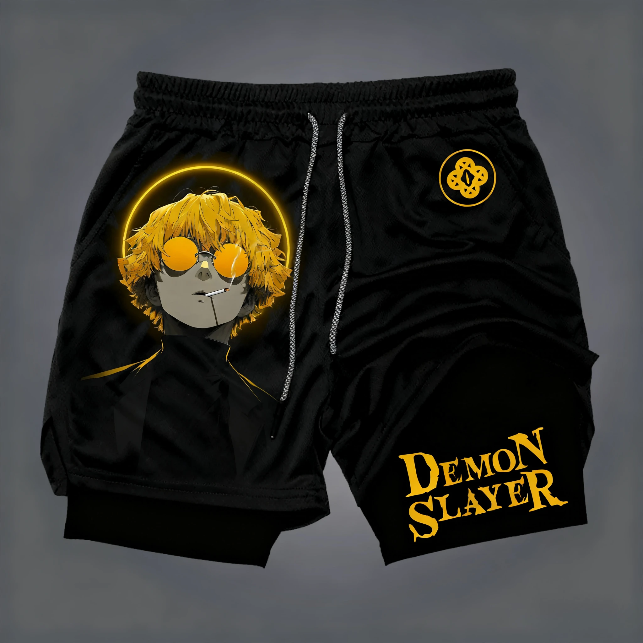 بانداي شيطان القاتل المطبوعة الرجال السراويل مزدوجة الطبقات 2026 الصيف الأمريكية فضفاضة وتنفس ورياضية شورتات الموضة #4