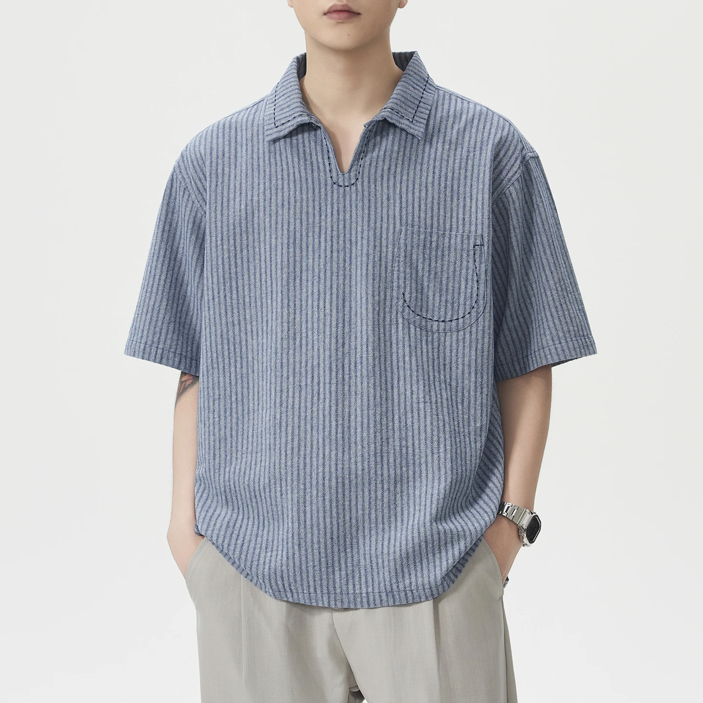 Men Summer Short Sleeve Loose Casual Fashion Vintage Stripe Pullover Shirt Man Korean Streetwear Modeling Commute Shirts Tops