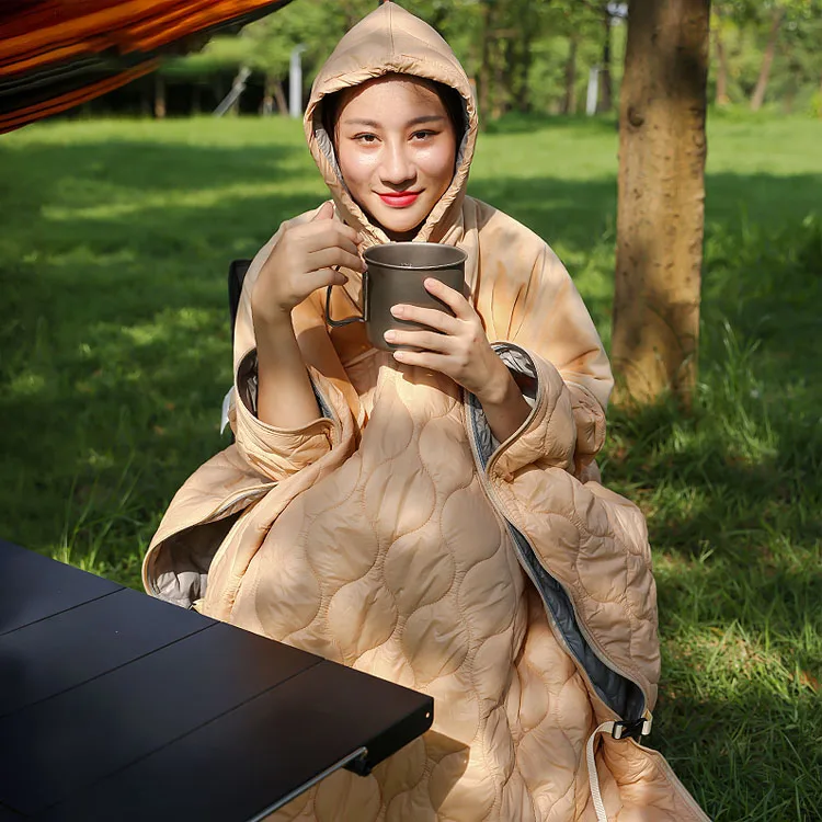 

Camping Hiking Travel Down Blanket Portable Wearable Hooded Poncho Blanket