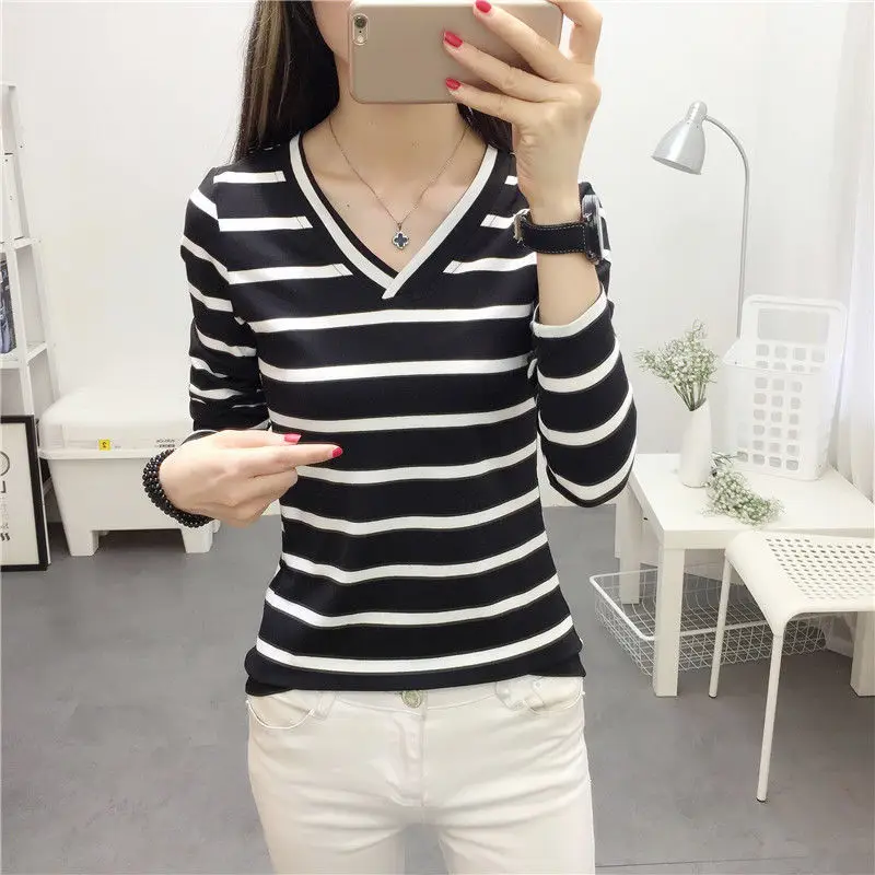 Autumn and Winter Fashion New Women\'s V-neck Striped Long-sleeved T-shirt Slim-fit Top Base Shirt Women\'s All-match