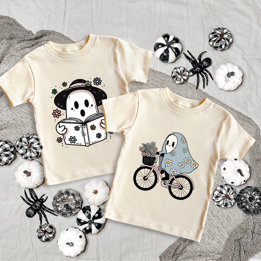 Retro Floral Cute Ghost Children's Shirts Funny Ghost Graphic Tee Halloween Kids Shirt, Spooky Toddler Short Sleeve Tee