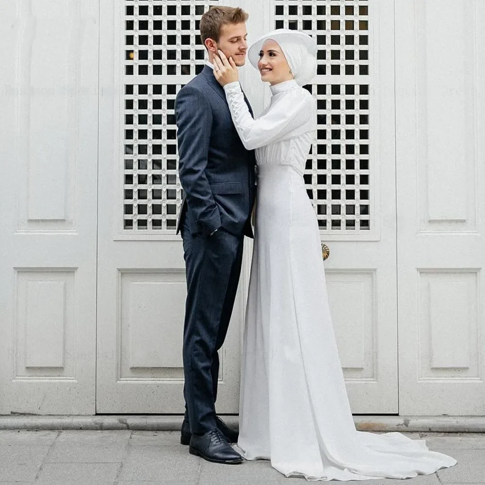 YCJ Мусульманские свадебные платья трапециевидной формы из атласа на пуговицах с драпировкой и высоким воротником по индивидуальному заказу, платье невесты со шлейфом robe de mariée