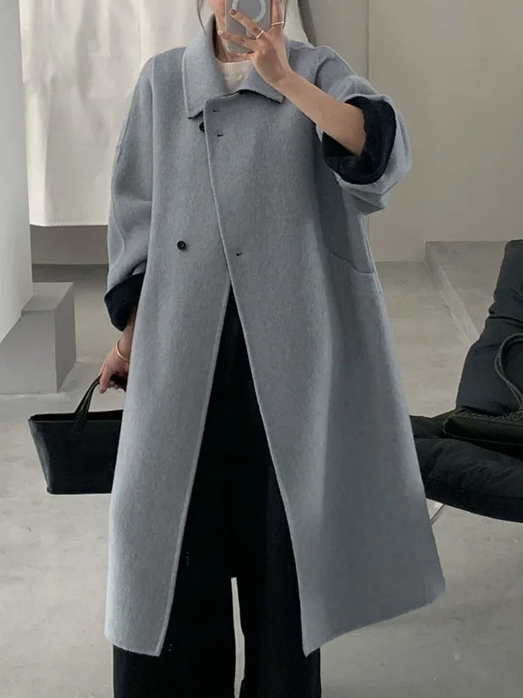 ZMEENNA レディース ロング ウール ブレンド コート リバーシブル コントラストカラー カフス ターンダウンカラー 暖かい冬用アウター ZM4414